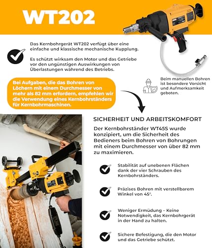 Kernbohrgerät Handgeführt ⌀22–202 mm an Neigbarer Kernbohrständer - Diamant Kernbohrmaschine 1400 U/min mit PRCD-Schutzschalter –