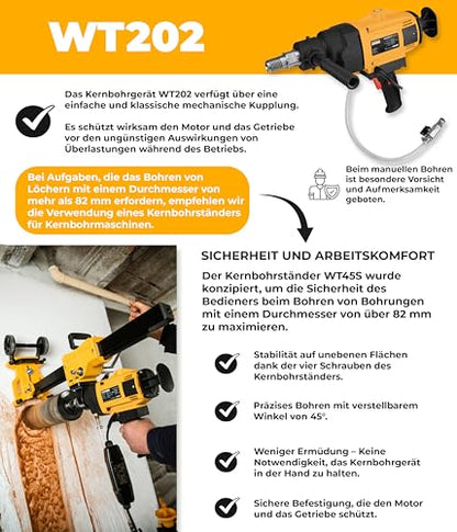 Kernbohrgerät Handgeführt ⌀22–202 mm an Kernbohrständer und Wasserzuführgerät 11 L - Diamant Kernbohrmaschine 1400 U/min mit PRCD –