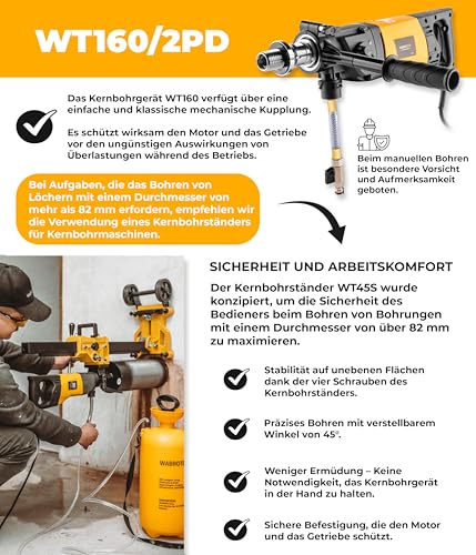 Kernbohrgerät mit Mikroschlag ⌀22–202 mm an Kernbohrständer und Wasserzuführgerät 11 L - Diamant Kernbohrmaschine 2340 U/min – Kernlochbohrmaschine
