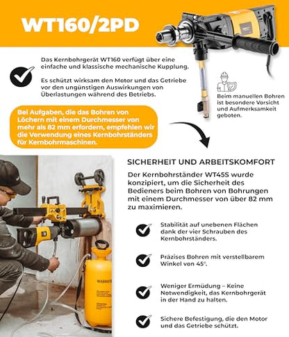Kernbohrgerät mit Mikroschlag ⌀22–202 mm an Kernbohrständer und Wasserzuführgerät 11 L - Diamant Kernbohrmaschine 2340 U/min – Kernlochbohrmaschine
