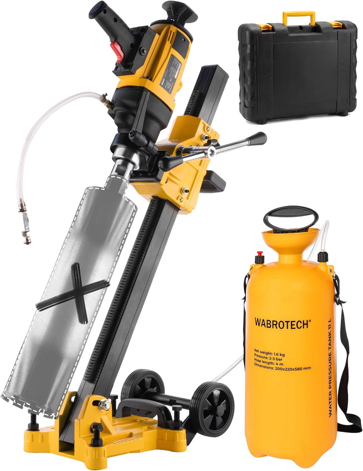 Kernbohrgerät Handgeführt ⌀22–202 mm an Kernbohrständer und Wasserzuführgerät 11 L - Diamant Kernbohrmaschine 1400 U/min mit PRCD –